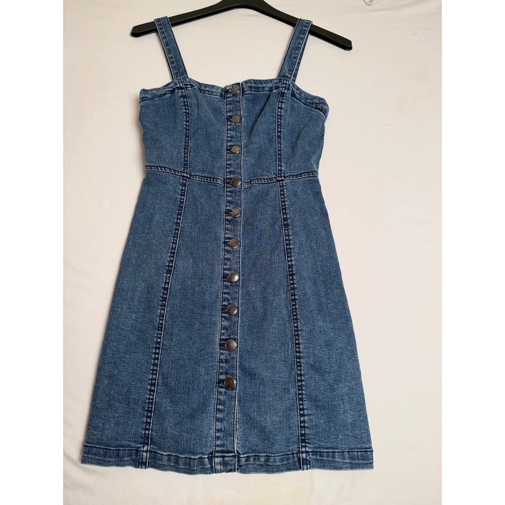 Aeropostale Denim Mini Dress Medium Wash‎ Button Front Stretch Pinafore Womens M